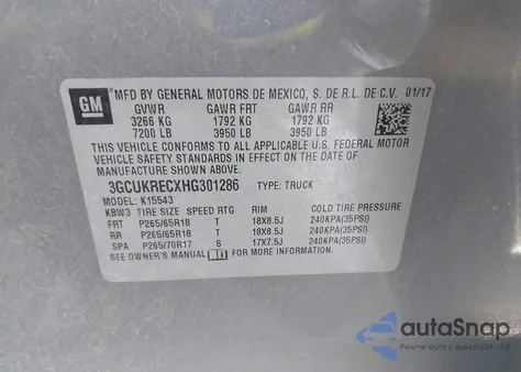 2017 Chevrolet Silverado 1500 2Lt из США, поврежденный, VIN 3GCUKRECXHG301286